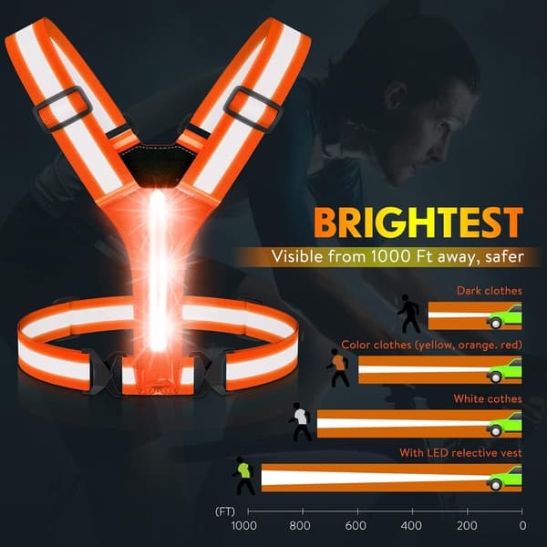 LED refleksvest, USB-lading, justerbar midje/skulder. Orange