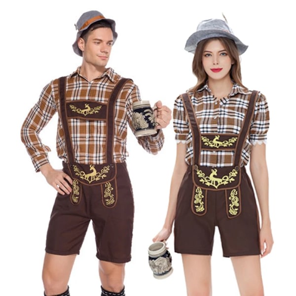 Klassisk par Oktoberfest Costume Germany National Rutig Shirt Lederhosen Outfit Cosplay Carnival Halloween Fancy Party Dress Man M