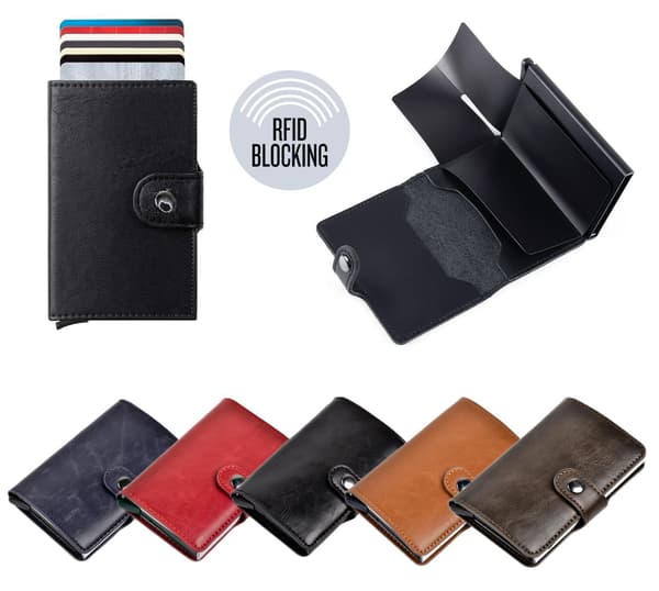 RFID-protected card holder with ejector and button Dark brown brown