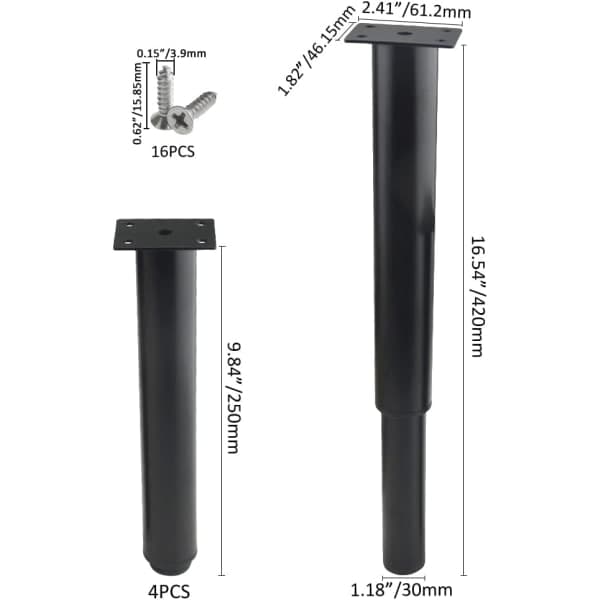 (25-42 cm, svart) 4 robuste justerbare møbelben i metall