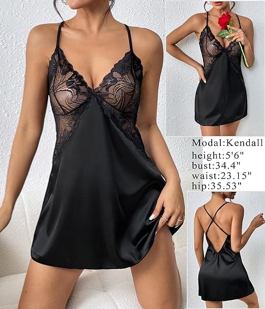 Damespyjamas med V-hals i blondesateng, svart Black 2XL
