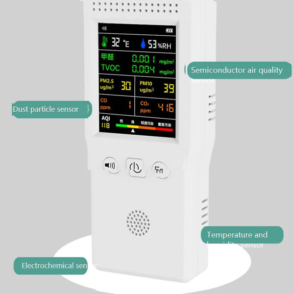 9 i 1 luftkvalitetsdetektor LCD-skärm Pm2.5 Pm10 Hcho Tvoc Co Co2 Temperatur Fuktighet Luftkvalitet