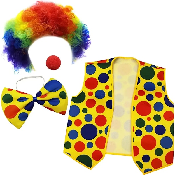 PESENAR Komplett Clownskostym - Näsa, Peruk, Fluga och Väst - 4 Personliga Klädaccessoarer för Jul 23CLSET499