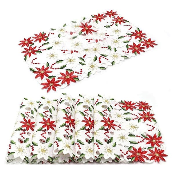 Bordsunderlägg Set om 6 Broderade Julstjärna & Stechpalmsdesign, 28x43 cm Julbordsdekoration Red  White