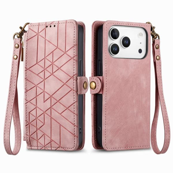 Kompatibel med iPhone 17 Pro Max, lädermaterial, dragkedja med geometriskt mönster och sidospänne. Rosa