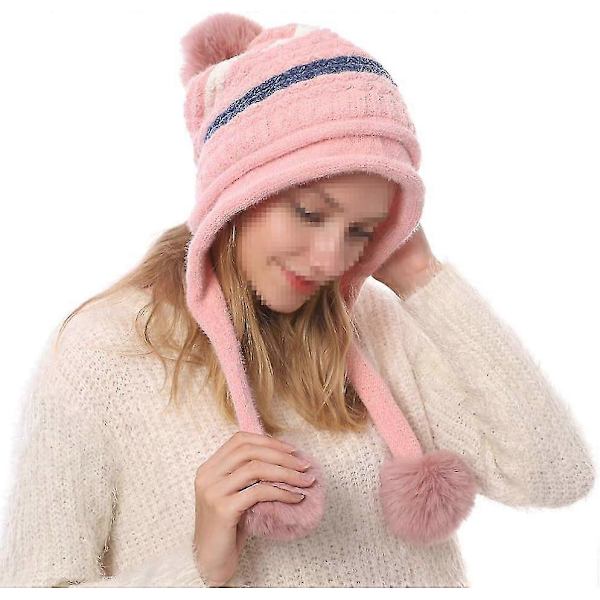 Stickad mössa - Öronlapps vintermössa för kvinnor-lingling} Pink