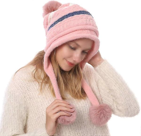 Strikket hue - Vinterhue med øreklapper til kvinder -lingling} Pink