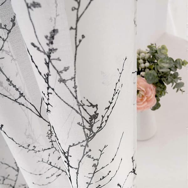 Gardiner med grenmønster, semi-transparente, elegante og holdbare, 140x160cm (længde x bredde), sorte.