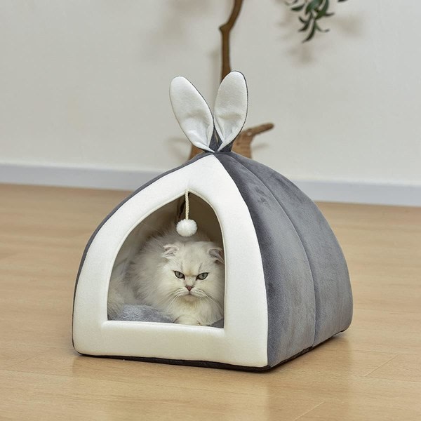 Cat House Djursäng Katttält Avtagbar kattkorg med kaninöron Levereras med en rolig kattboll Vatten Tvättbar Tillgänglig Grå S