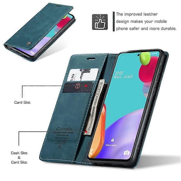 Äkta läderplånboksfodral med ställ, kompatibelt med Samsung Galaxy A52 Blue