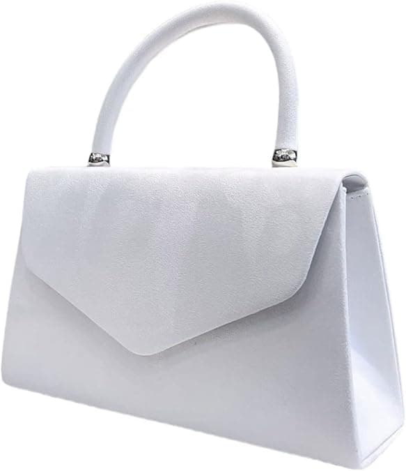 Dame clutch i imiteret ruskind med tophåndtag, velegnet til fester, bryllupper og væddeløbsbegivenheder. White