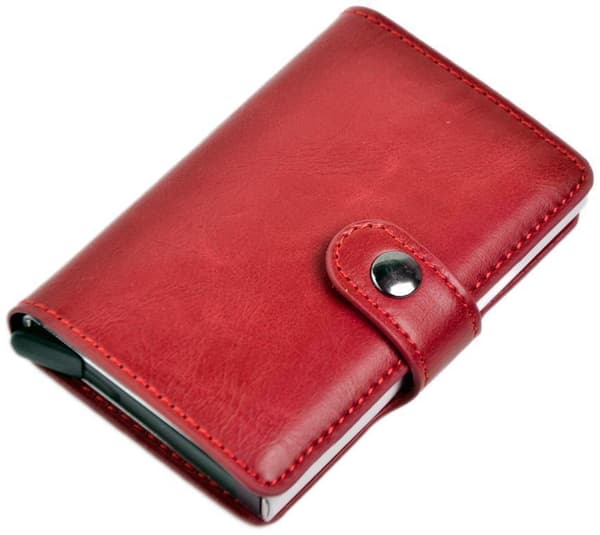 RFID-beskyttet kortholder med uttak og knapp Red red
