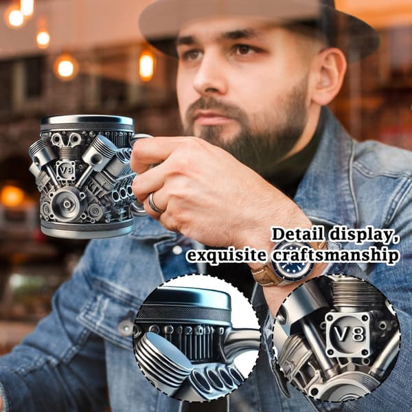 V8 Motor Rostfri Stålmugg - Personlig 3D Motordesign V8