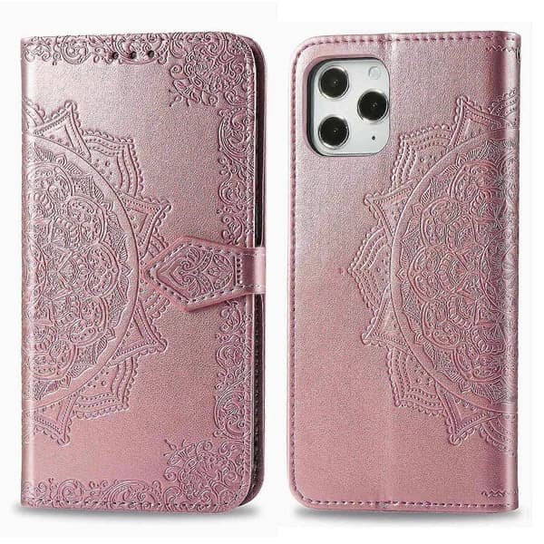 Preget Mandala Blomst Lær Lommebok Stativ Deksel Kompatibel med iPhone 12 Pro/iPhone 12-lingling}