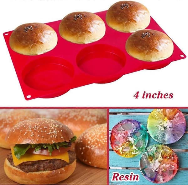 Todelt silikonformsett for hamburgerbrød, 10 cm seksroms bakeform for hamburgerbrød, 33 x 22,2 x 2 cm, rød.