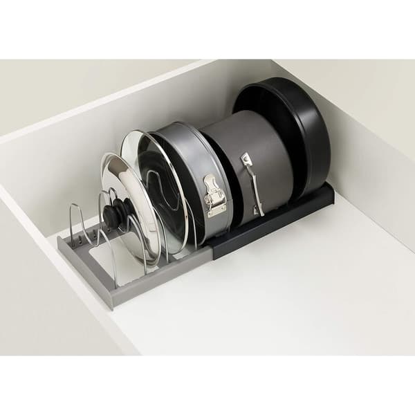 This pot rack/trimmer/kitchen storage rack has 7 adjustable compartments and is perfect for storing kitchen utensils, frying pans, pot lids, and more.