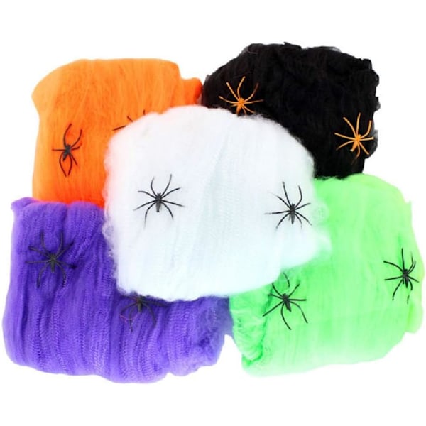 5-pack Halloween Spökhus Bar Dekoration Tillbehör Spindelnät Spindel med Liten Spindel Färgad Bomullsduk