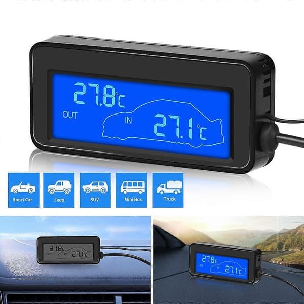 Varm Bil Indendørs/Udendørs Termometer med Sensor Mini LCD Digital Display Temperatur Auto 12V Digital Termometer Praktisk med Blåt Baggrundslys