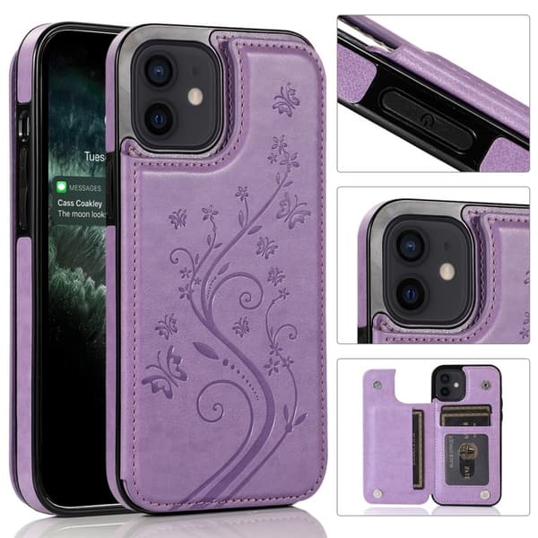 Kompatibel med iPhone 12 Mini Stødsikkert Kortholder, Flip Case med Tre Rum V2 - Lilla
