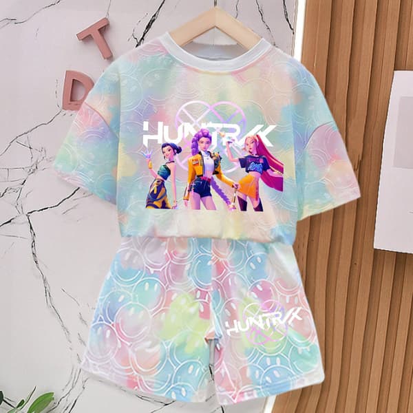 K-Pop Devil Hunter Girl Sommar T-shirt och Byxor Set - Söt Smiley Ansikte Pyjamas Set Present LMNT 147-LMNT 5 130