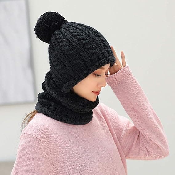 Dam Vinterstickad Fleece Balaclava Mössa för Skidåkning