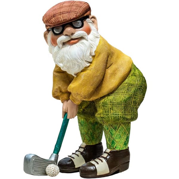 Utendørs golfspiller hagegnomfigur, morsom golfhagegnom.