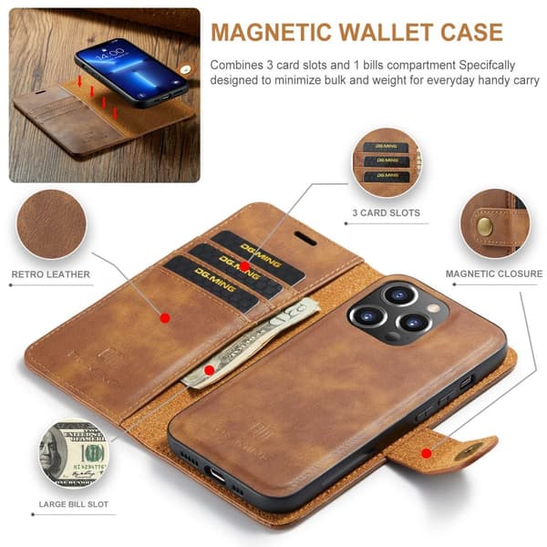 2-i-1 magnetisk pung kompatibel med iPhone 15 Pro, Cognac farve