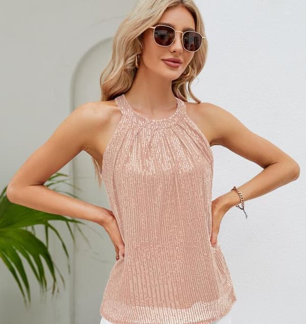 Paljettprydd ärmlös rosa topp för dam Pink S