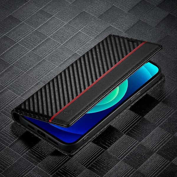 Kompatibel med iPhone 15 Reptåligt Läder Ställ Skydd Kolfiber Textur Plånbok Mobilskal-lingling} Multicolor Vertical Stripe