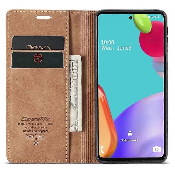 Äkta läderplånboksfodral med ställ, kompatibelt med Samsung Galaxy A52 Brown