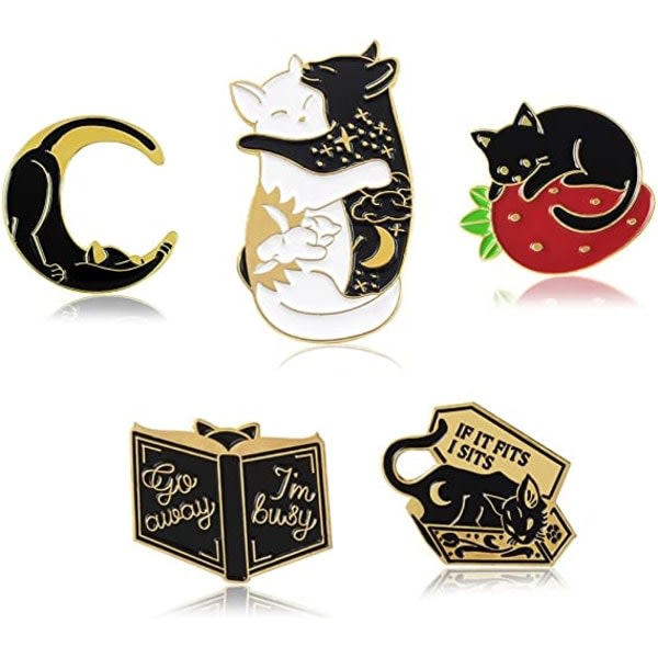 Svart och vit katt emalj pin set (svart 5 stycken) söt brosch c