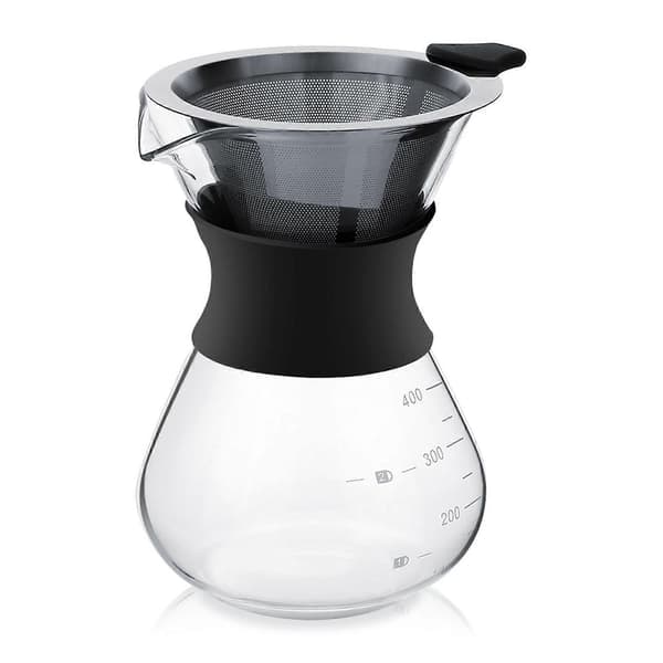 Manuel pour-over kaffemaskine, glaskrop, rustfrit stålfilter.