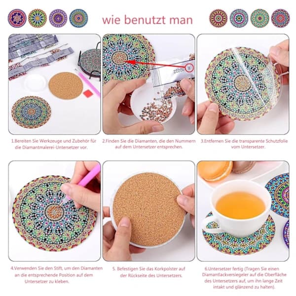 8-delt diamantmalt coaster- og stativsett, DIY