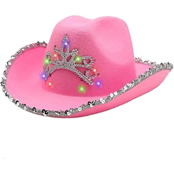 Rosa Cowboyhatt för Kvinnor med Fjäder, Strass och Blinkande Ljus - Kostym för Barnrollspel och Festgåvor (Rosa Denimljus)