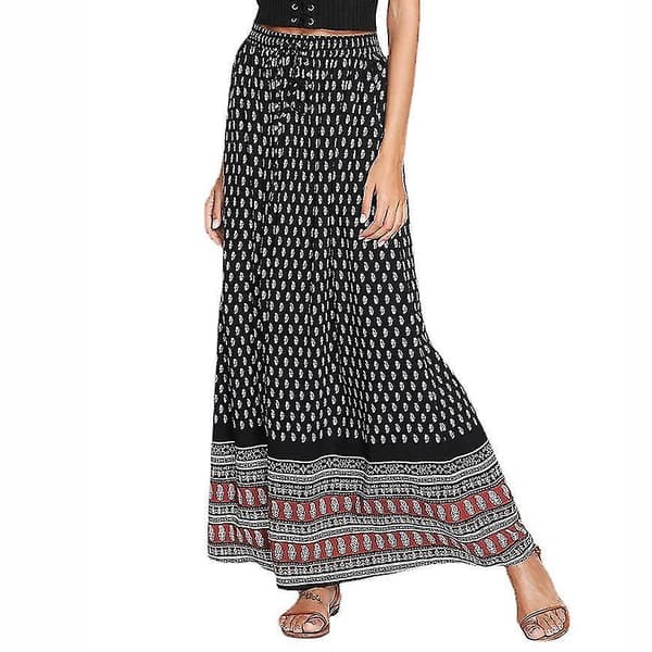 Leopardmönstrad maxikjol i bohemisk stil med hög midja, sommarmode, storlek L batikgrå.