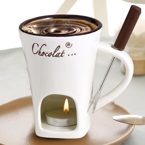 Påskrabatt! Högkvalitativt Tealight Fondue Set, Keramisk Smältgryta för Choklad och Dessert Beige