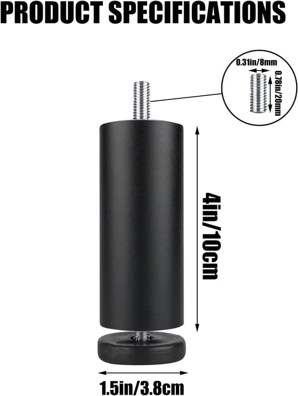 4 justerbara sängben 10,16 cm, M8x35 gänga, möbelben i metall, för soffa, bord