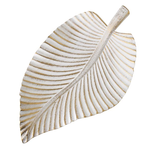 Bladformad dekorativ tallrik, mått 35 x 20 x 6 cm, vit med guldfinish.