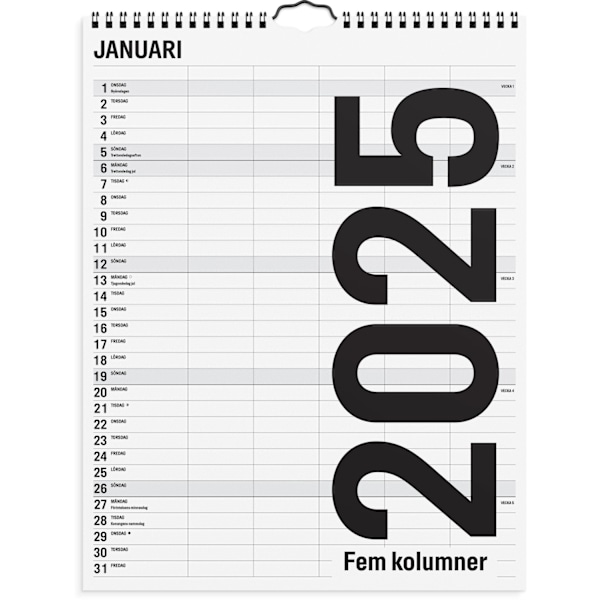 Familjekalender 2025 Svartvit 5 Kolumner