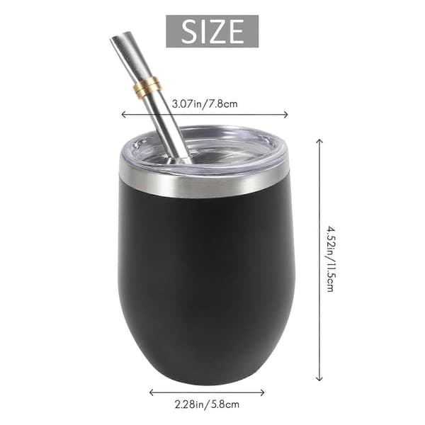 Mate te-kalebass tekopp set, 355ml, dubbelväggig kaffe-/vattenkopp i rostfritt stål, med lock och 2 sugrör.