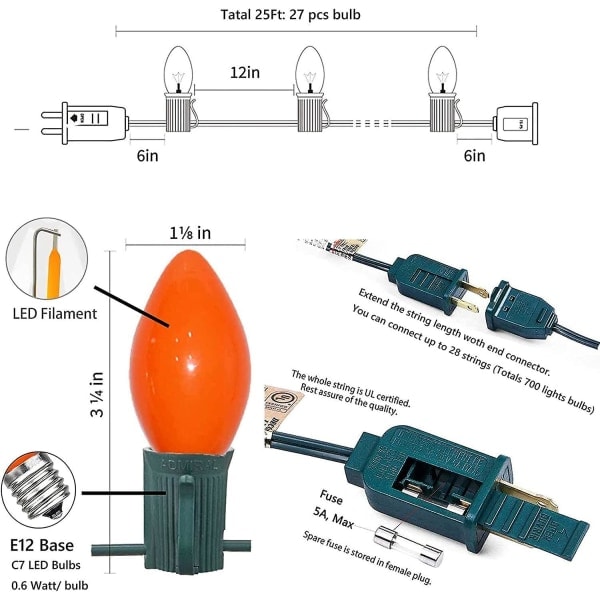 25 fot C7 LED-julbelysning, C7 utomhuskeramiska ljusslingor