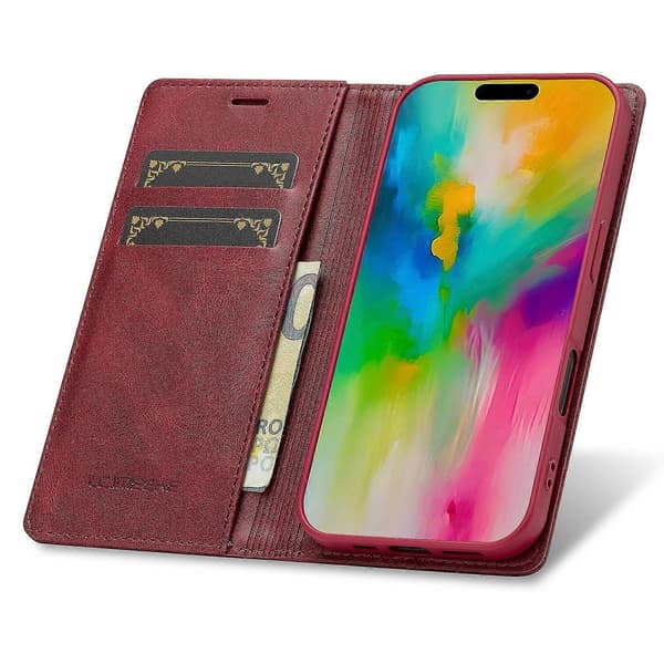 Kompatibel med iPhone 16 Plus Læder Etui RFID Blokerende Kort Slots Telefon Cover-lingling} Multicolor Red