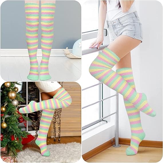 To par tykke fleece strømper til kvinder, stribede over-knee strømper, et perfekt julegavevalg.