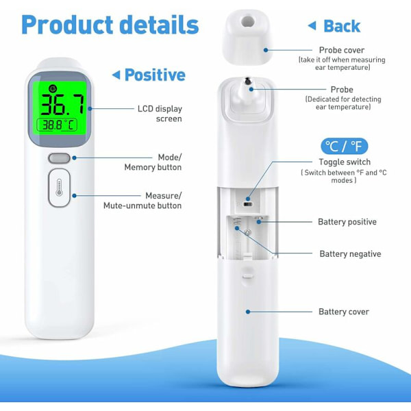 3-i-1 Infraröd Panntermometer, 4-färgs Bakgrundsbelyst Digital Display, Beröringsfri Panntermometer med Feberlarm, Vuxentermometer med Minnesfunktion