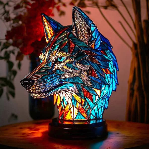 Dyret-tema glassmaleri nattlys, retro bordlampe, gave wolf