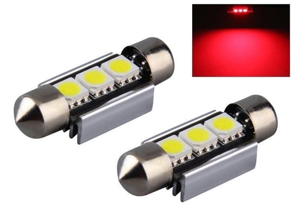 C5W SV8.5 LED Canbus lys, 36 mm, stangformet, 2-pak. Cirka Red 36mm Röda 2-pack