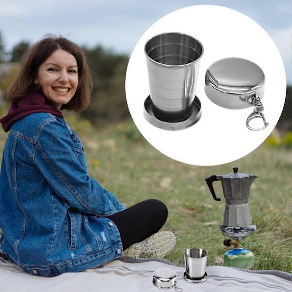 2-pak foldbare campingkrus i rustfrit stål, teleskopiske og bærbare 75 ml foldbare krus, med nøglering