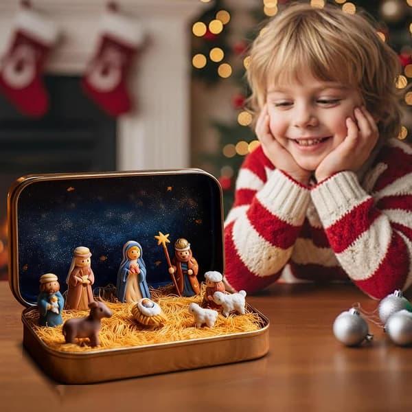 Miniatyr julkrubba i plåtask, portabel fickstorlek, presentförpackning med julkrubbafigur. 1pc