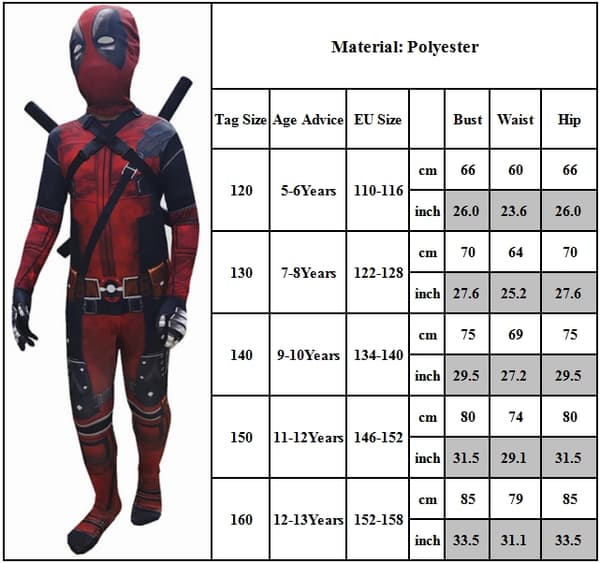 Deadpool-kostume til børn, Deadpool-kostume til Halloween-rollespil, Deadpool-bodysuit og rollespilsæt til børn i alderen 5-13 130cm