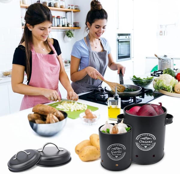 Potato bins, onion bins, garlic bins and retro style kitchen storage containers, complete with fabric peeler.